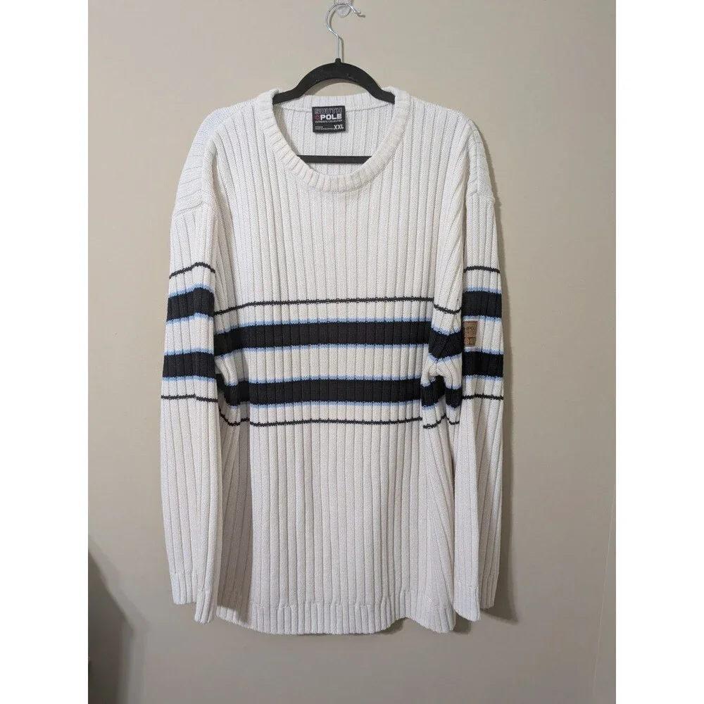 Vintage Southpole Striped Ribbed Knit Sweater Mens XXL White Blue Crewneck Y2K